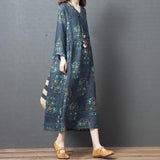 Long Sleeve Autumn Dress Soft Cotton Linen Print