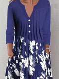 Blue Floral Printed A-Line Casual Long Sleeve Dresses