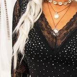 Lace Polka Dot V-neck Sexy Hollow Long Sleeve Top