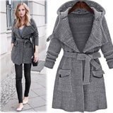 Middle long hooded belt knit jacket