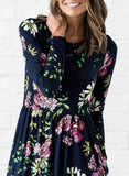 Floral Print Long Sleeve Pockets Empire Waist Dress