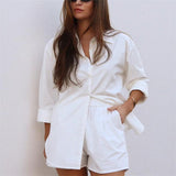 Pure cotton loose long-sleeved shirt-solid color shorts Set