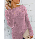 Elegant Plus Size Solid Color Long Sleeve O-Neck Floral Lace Pullover Casual Sweater