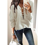 V-Neck Lace Up Solid Color T-Shirt