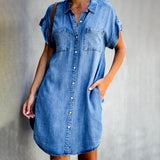 Pockets Single-breasted Irregular Hem Knee-length Denim Dress