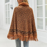 Leopard Print Tassel Knit Plush Cape Cardigan