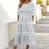 Hampton Gray and White Vertical Stripe Tiered Midi Dress