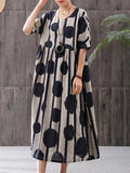 Cotton-Linen Dress Short Sleeve Dot Striped Print Casual Dress Loose