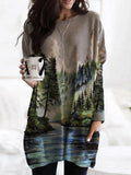 Long Sleeve Women Dress Vintage Mountain Water Print