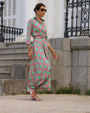 Pink Chain Pattern Temperament Waist Maxi Dress