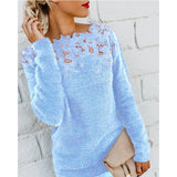 Elegant Plus Size Solid Color Long Sleeve O-Neck Floral Lace Pullover Casual Sweater