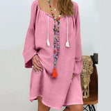 Solid Color Linen Drawstring V Neck Dress