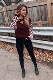 Cross V-neck leopard print hit color casual long-sleeved T-shirt