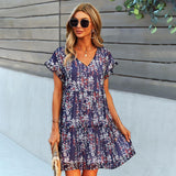 Ladies Vintage Sexy Print Short Summer Dress Women Casual V Neck Ruffles Beach Mini Chiffon Women Sundress