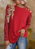 Hollow Out Sequined Splicing Long Sleeve Blouse