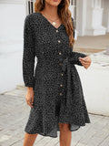 Ruffle Dot V-Neck Long Sleeve Dress