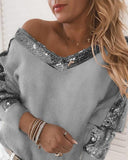 Sequin Patchwork V Neck Fuzzy Top