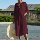 single-breasted cotton and linen summer casual dress