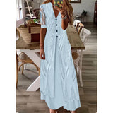 V-neck Button Printed Loose Lace Short Sleeve Chic Dress