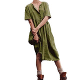2021 Boho Cotton Linen Women Solid Short Sleeve