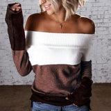 Colorblock Ribbed Knit Off Shoulder Sweater