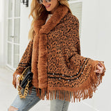 Leopard Print Tassel Knit Plush Cape Cardigan