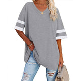 Loose Half-Sleeved V-Neck Contrast Color Waist T-Shirt