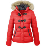 Women Parkas Casual Fur Collar Horn Buckle Cotton Solid Jacket