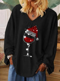 Long-sleeved Christmas wine glass printing V-neck T-shirt