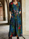 Casual Floral Cotton Long Maxi Blue Dresses