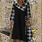 Casual Grid with Buttons Cowl Neck Loosen Dress