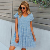 Ladies Vintage Sexy Print Short Summer Dress Women Casual V Neck Ruffles Beach Mini Chiffon Women Sundress