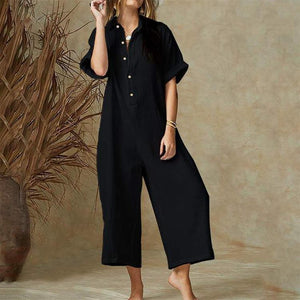 Button Down Collar Single Breasted Plain Short Sleeve Jumpsuit