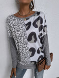 Stitched leopard print round neck long-sleeved casual t-shirt