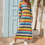 Pullover striped cotton loose waist pocket long skirt