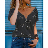 Women's Printed V Neck Zipper Casual Loose Short Sleeve Top Summer Fashion Sexy Plus Size