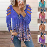 V-neck small floral zipper long-sleeved loose T-shirt top