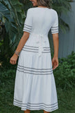 White Half Sleeves V-neck Dress