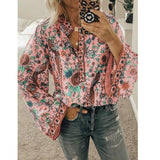 Print Blouses Casual Loose Stand V Neck Long Sleeves