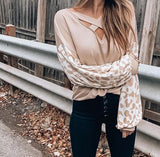 Cross V-neck leopard print hit color casual long-sleeved T-shirt