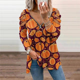 2021 Halloween T-Shirt Pumpkin Floral Printed V-Neck Long-Sleeved Top