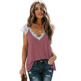 2021 NEW Sexy V-Neck Lace Tshirts Sleeveless Women Summer New Loose Casual Tees Plus Size Solid Color Lace Splice T-Shirt Top