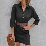 Autumn Black Long Sleeve Cotton Button Pocket Mini Dresses