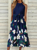 Floral Print Navy Blue Bib Neck Belted Dress