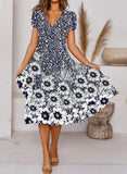 Flower Print V-Neck Casual Splice Dress