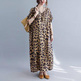 Cotton Large size V-neck leopard print short-sleeved long dress