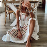 O-Neck Striped Print Loose A-line Elegant Maxi Dresss