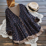 Retro Floral Print Vintage Blouse Lace V-neck shirt Long Sleeve Cotton Linen Tops