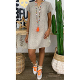 Casual Loose V Neck Cotton Linen Dress