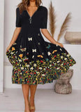 Butterfly Flower Print  Zipper V Neck Dress